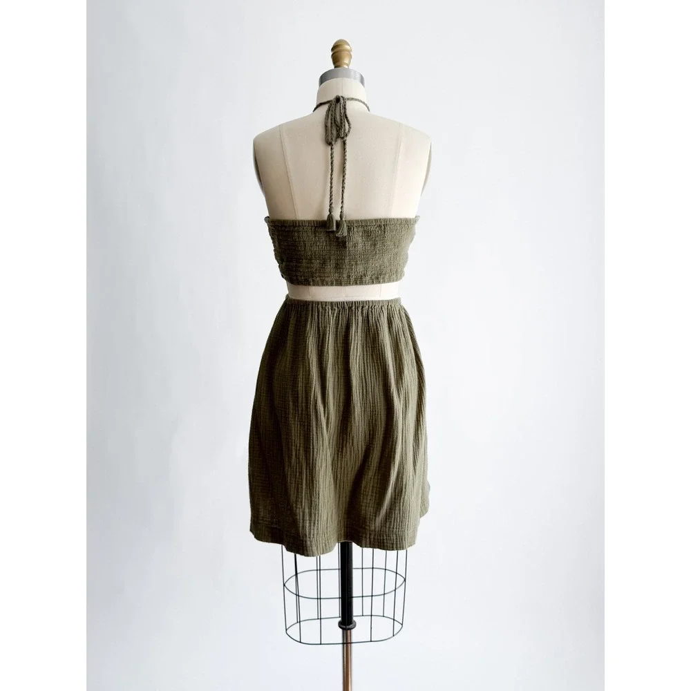 Aerie Mini Dress Boho Crochet Halter Cutout Gauze XL Olive Green Summer Festival